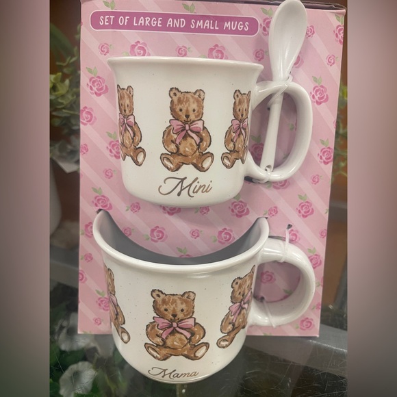 Pink Bow Teddy Bears 🧸 Mama & Mini Ceramic Coffee Mug Set of 2 Coquette NWT - Picture 1 of 4